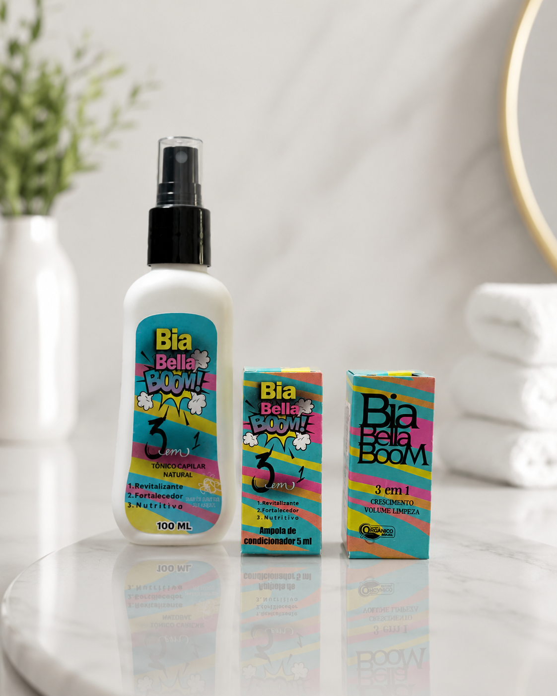 Trio Rotina Capilar BiaBellaBoom - Tônico, ampola de shampoo e condicionador